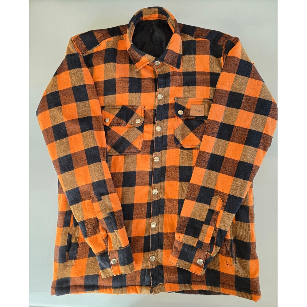 Axis Men S Orange Black Buffalo Plaid Quilted Flannel Snap Shirt Jacket Pockets
